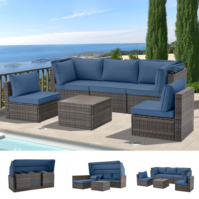 6 Pieces Patio Furniture Sets w/Adjustable Canopy and Backrest, All Weather Wicker Outdoor Patio Conversation Sets, Comfy Outdoor Couch Patio Sectional for Summer Outside, Backyard