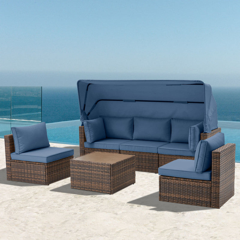 6 Pieces Patio Furniture Sets w/Adjustable Canopy and Backrest, All Weather Wicker Outdoor Patio Conversation Sets, Comfy Outdoor Couch Patio Sectional for Summer Outside, Backyard