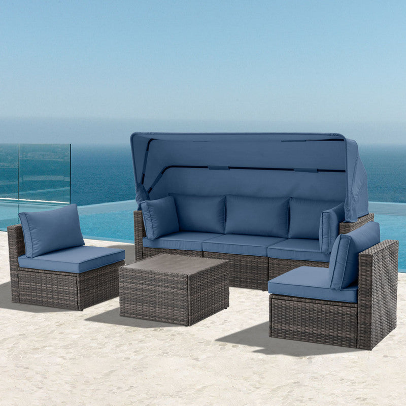 6 Pieces Patio Furniture Sets w/Adjustable Canopy and Backrest, All Weather Wicker Outdoor Patio Conversation Sets, Comfy Outdoor Couch Patio Sectional for Summer Outside, Backyard