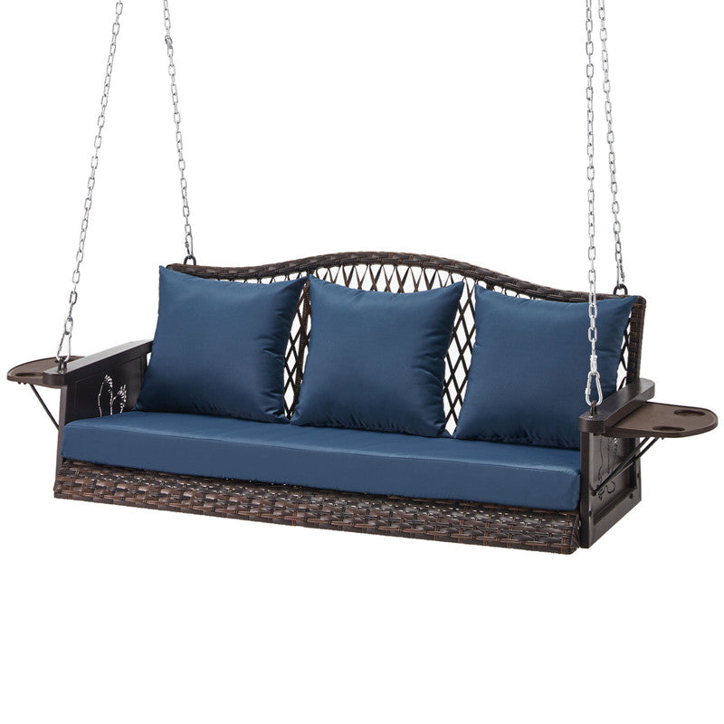 Upgraded Wicker Hanging Porch Swing Heavy Duty 900 LBS 3-Seat Outdoor Patio Swing Chair Bench for Adult w/ 8.9ft Hanging Chains Cushions and Cup Holder