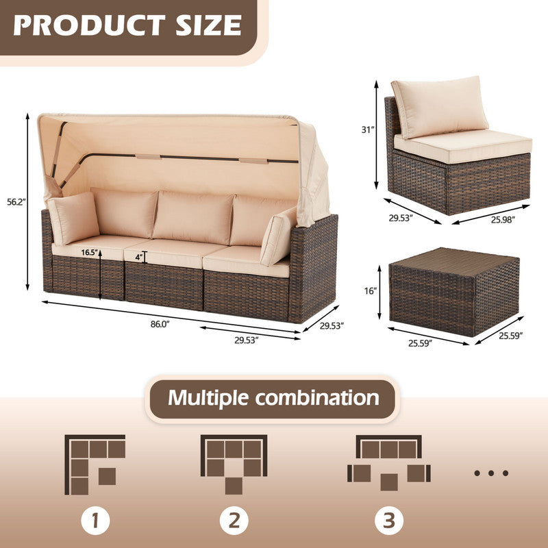 6 Pieces Patio Furniture Sets w/Adjustable Canopy and Backrest, All Weather Wicker Outdoor Patio Conversation Sets, Comfy Outdoor Couch Patio Sectional for Summer Outside, Backyard