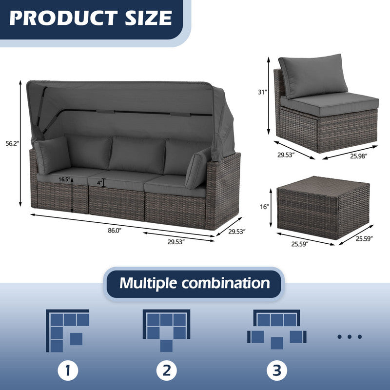 6 Pieces Patio Furniture Sets w/Adjustable Canopy and Backrest, All Weather Wicker Outdoor Patio Conversation Sets, Comfy Outdoor Couch Patio Sectional for Summer Outside, Backyard