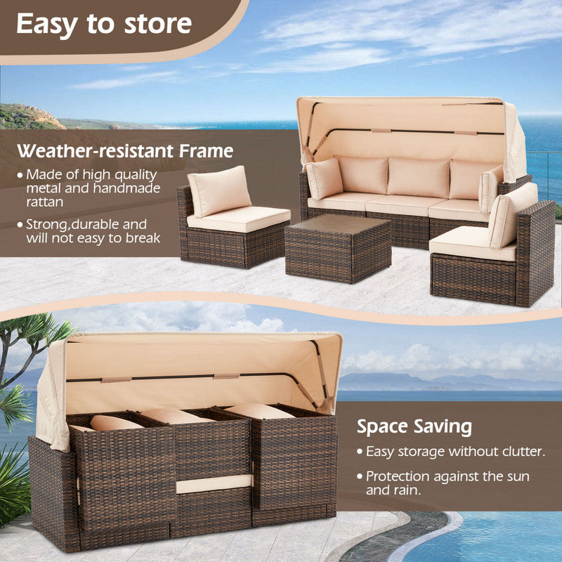 6 Pieces Patio Furniture Sets w/Adjustable Canopy and Backrest, All Weather Wicker Outdoor Patio Conversation Sets, Comfy Outdoor Couch Patio Sectional for Summer Outside, Backyard