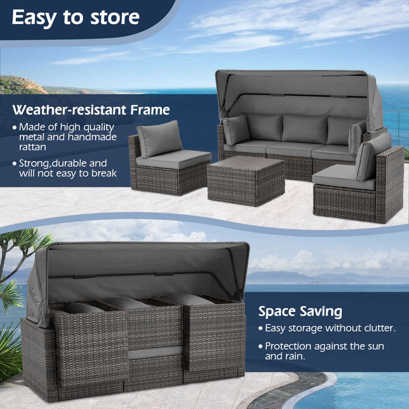 6 Pieces Patio Furniture Sets w/Adjustable Canopy and Backrest, All Weather Wicker Outdoor Patio Conversation Sets, Comfy Outdoor Couch Patio Sectional for Summer Outside, Backyard