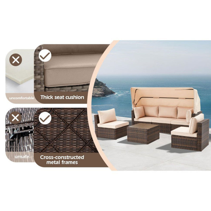 6 Pieces Patio Furniture Sets w/Adjustable Canopy and Backrest, All Weather Wicker Outdoor Patio Conversation Sets, Comfy Outdoor Couch Patio Sectional for Summer Outside, Backyard