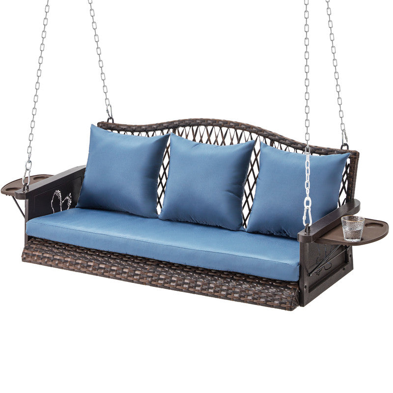 Upgraded Wicker Hanging Porch Swing Heavy Duty 900 LBS 3-Seat Outdoor Patio Swing Chair Bench for Adult w/ 8.9ft Hanging Chains Cushions and Cup Holder