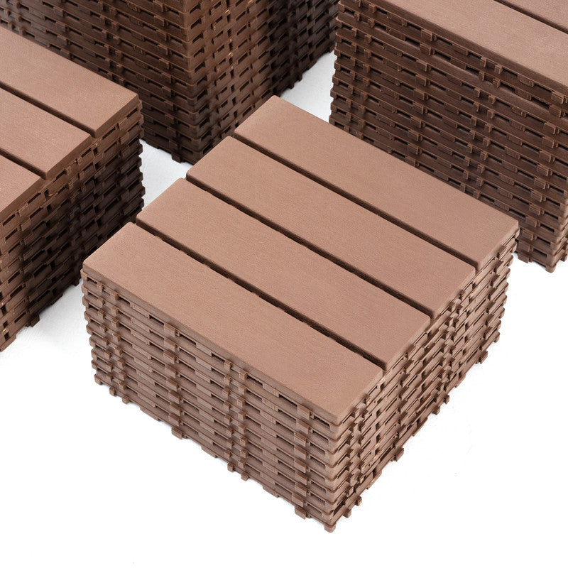 12 in. x 12 in. Plastic Interlocking Deck Tiles, Waterproof 4-slat Flooring Tile in Brown(44-Pack)