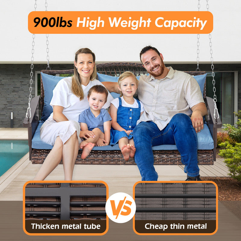 Upgraded Wicker Hanging Porch Swing Heavy Duty 900 LBS 3-Seat Outdoor Patio Swing Chair Bench for Adult w/ 8.9ft Hanging Chains Cushions and Cup Holder