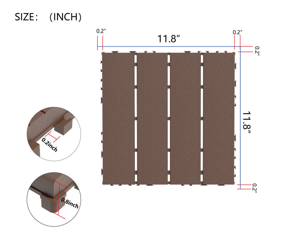 12 in. x 12 in. Plastic Interlocking Deck Tiles, Waterproof 4-slat Flooring Tile in Brown(44-Pack)