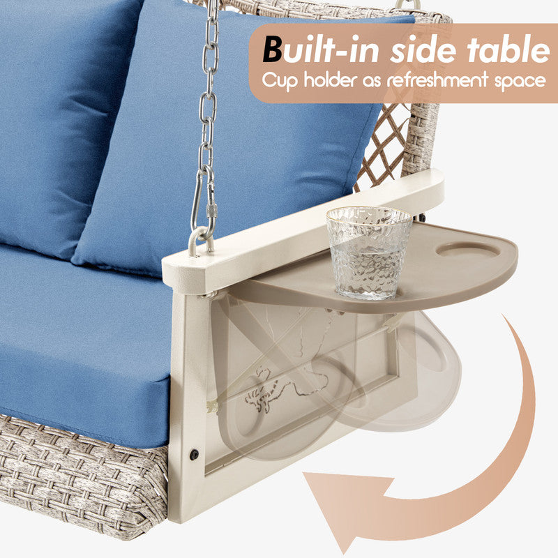 Upgraded Wicker Hanging Porch Swing Heavy Duty 900 LBS 3-Seat Outdoor Patio Swing Chair Bench for Adult w/ 8.9ft Hanging Chains Cushions and Cup Holder