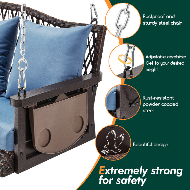 Upgraded Wicker Hanging Porch Swing Heavy Duty 900 LBS 3-Seat Outdoor Patio Swing Chair Bench for Adult w/ 8.9ft Hanging Chains Cushions and Cup Holder