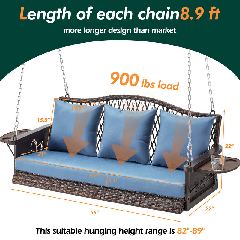 Upgraded Wicker Hanging Porch Swing Heavy Duty 900 LBS 3-Seat Outdoor Patio Swing Chair Bench for Adult w/ 8.9ft Hanging Chains Cushions and Cup Holder