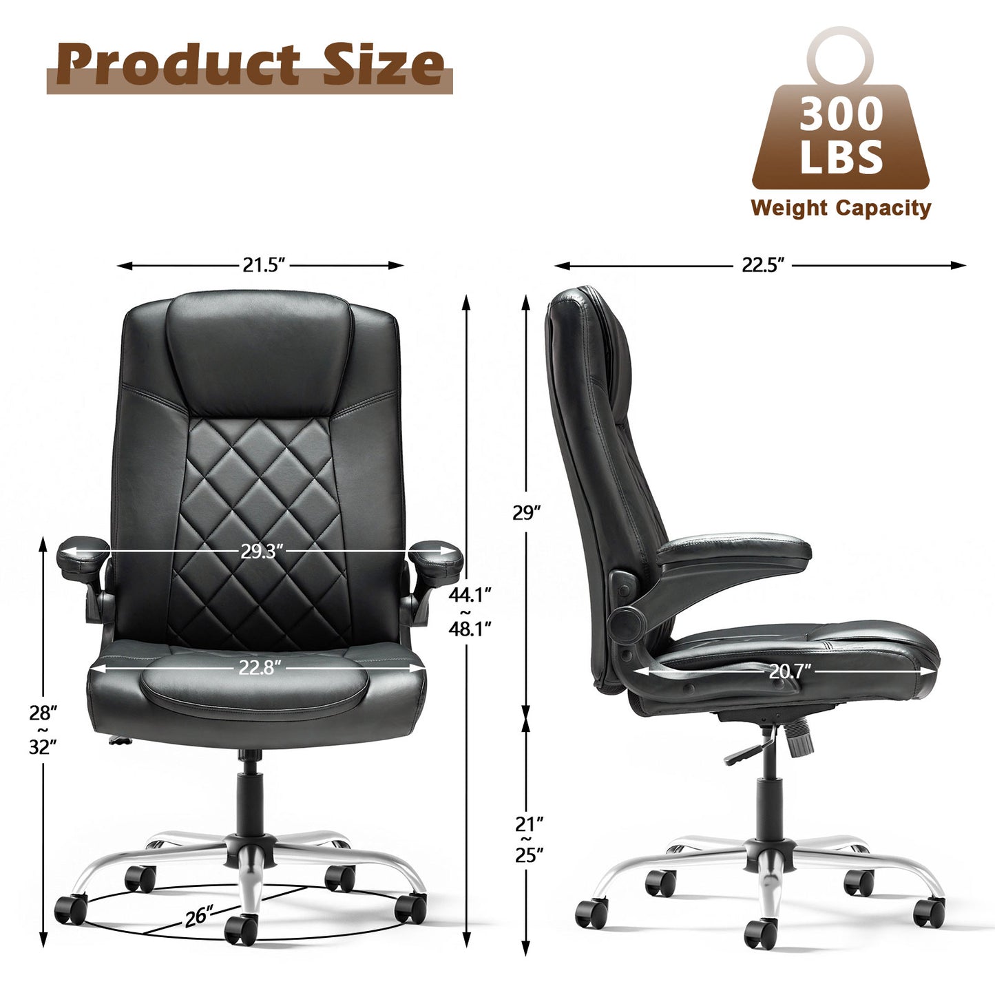 Ergonomic PU Leather Desk Chair with Lumbar Support, Adjustable Height