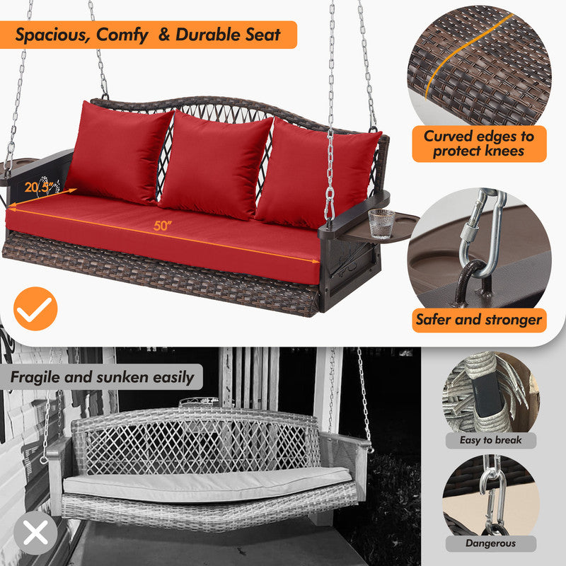Upgraded Wicker Hanging Porch Swing Heavy Duty 900 LBS 3-Seat Outdoor Patio Swing Chair Bench for Adult w/ 8.9ft Hanging Chains Cushions and Cup Holder