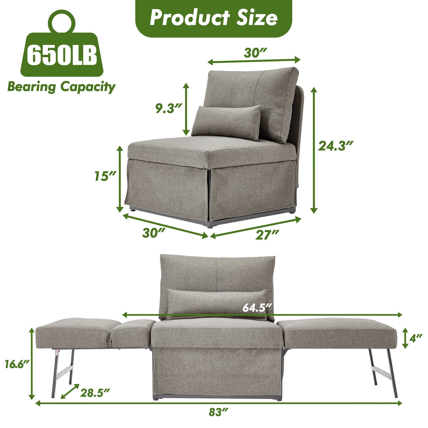5-in-1 Convertible Sleeper Chair Bed, Assembly-Free Folding Sofa Chair with Adjustable Backrest, Linen Ottoman Sofa Bed for Apartment & Living Room