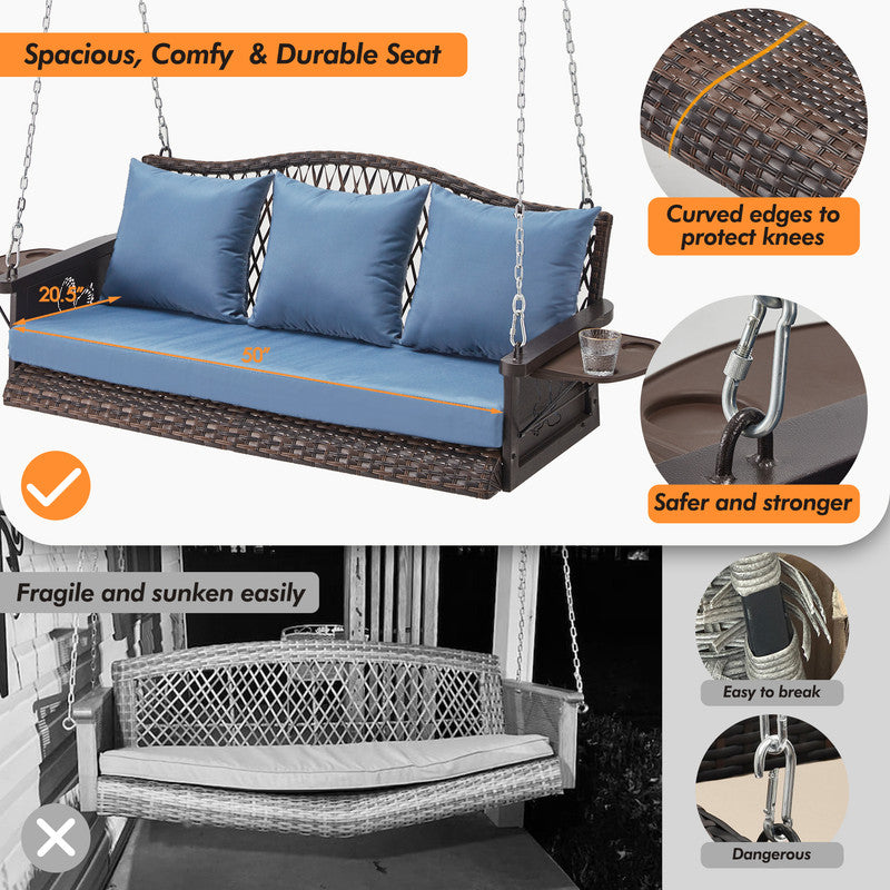 Upgraded Wicker Hanging Porch Swing Heavy Duty 900 LBS 3-Seat Outdoor Patio Swing Chair Bench for Adult w/ 8.9ft Hanging Chains Cushions and Cup Holder