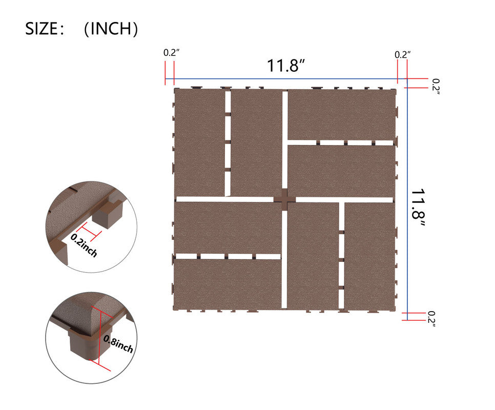 12 in. x 12 in. Plastic Interlocking Deck Tiles, Waterproof 8-slat Flooring Tile in Brown(44-Pack)