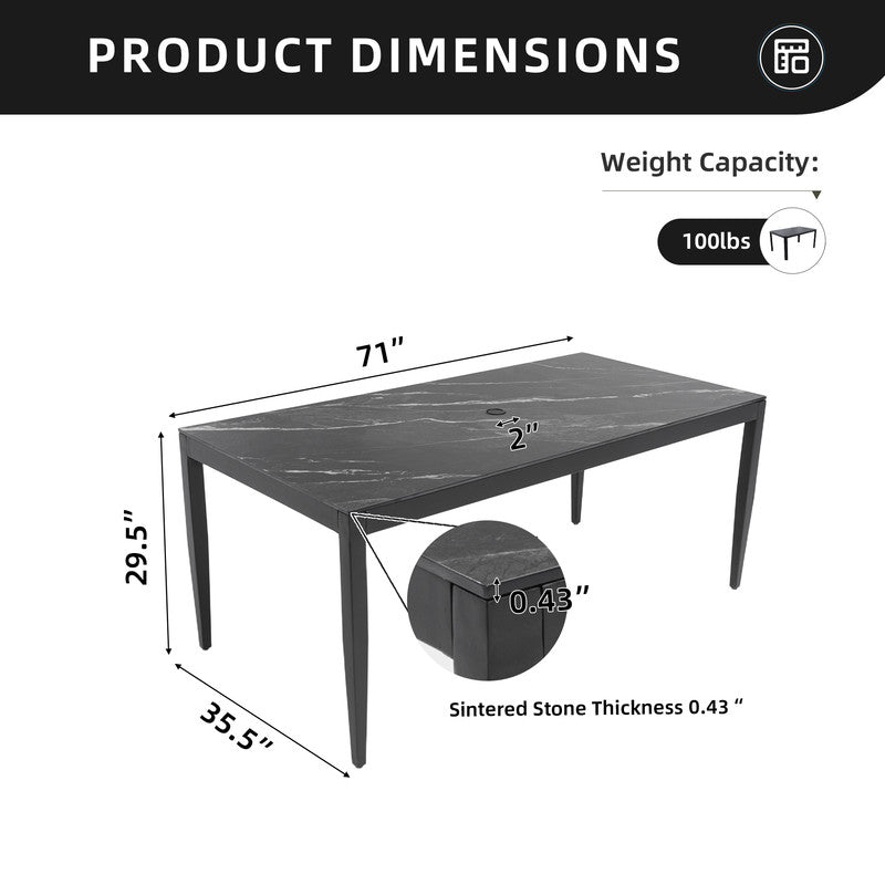 Cavallo Rectangle Aluminum Outdoor Dining Table with Black Marble-Inspired Sintered Stone Top