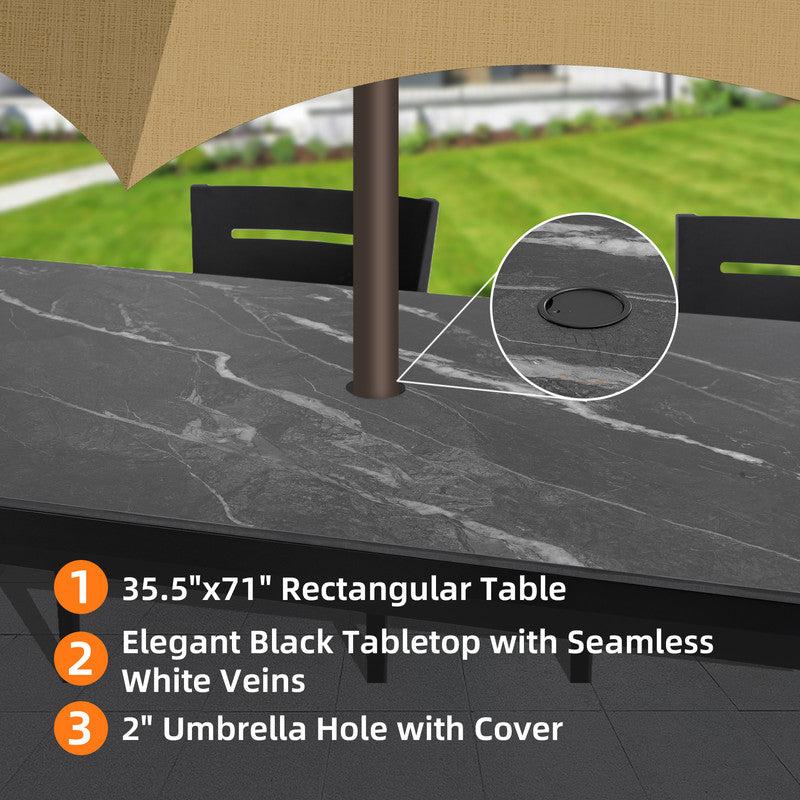Cavallo Rectangle Aluminum Outdoor Dining Table with Black Marble-Inspired Sintered Stone Top