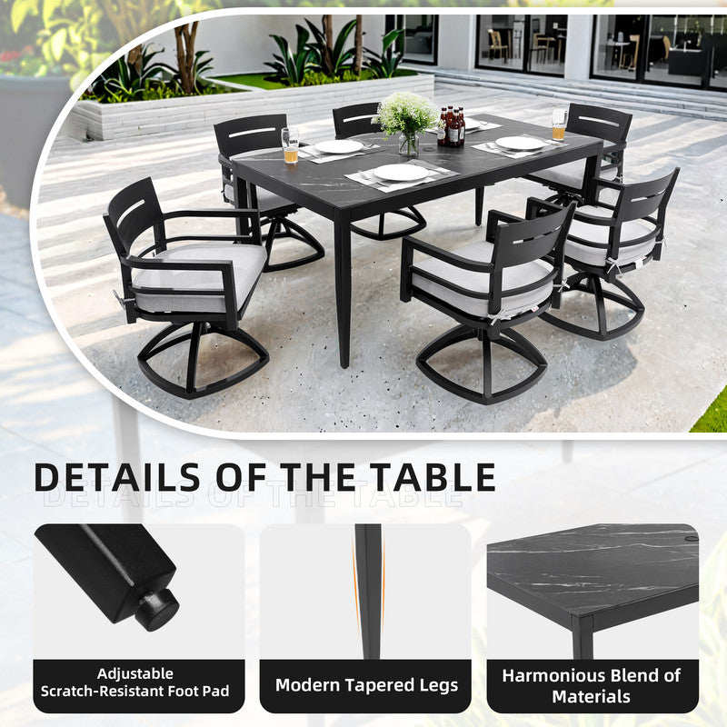 Cavallo Rectangle Aluminum Outdoor Dining Table with Black Marble-Inspired Sintered Stone Top
