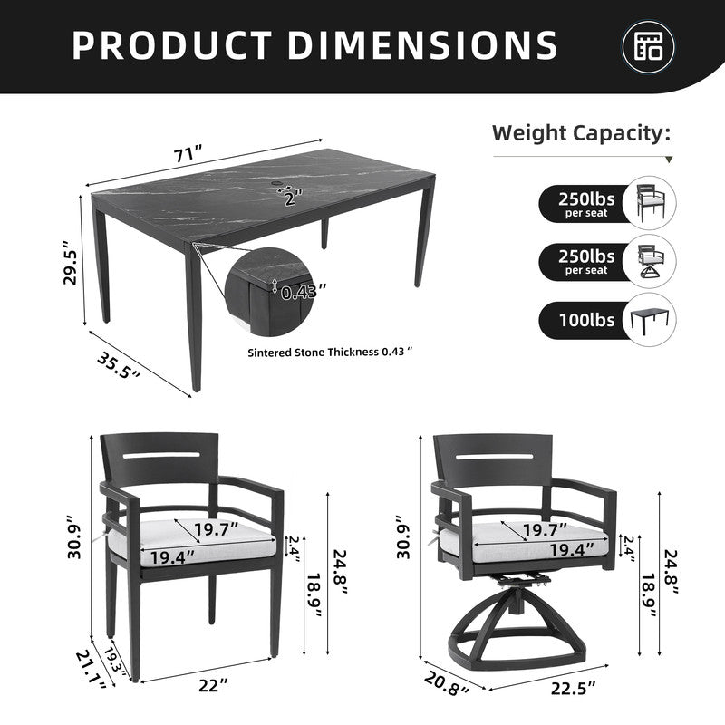 Cavallo 7-Piece Aluminum Outdoor Dining Set with Black Marble-Look Sintered Stone Tabletop and Sunbrella Cushions
