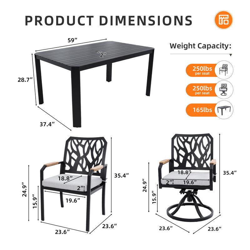 Arvello 7-Piece Aluminum Outdoor Dining Set with 4 Dining Chairs and 2 Swivel Rockers Sunbrella Cushions