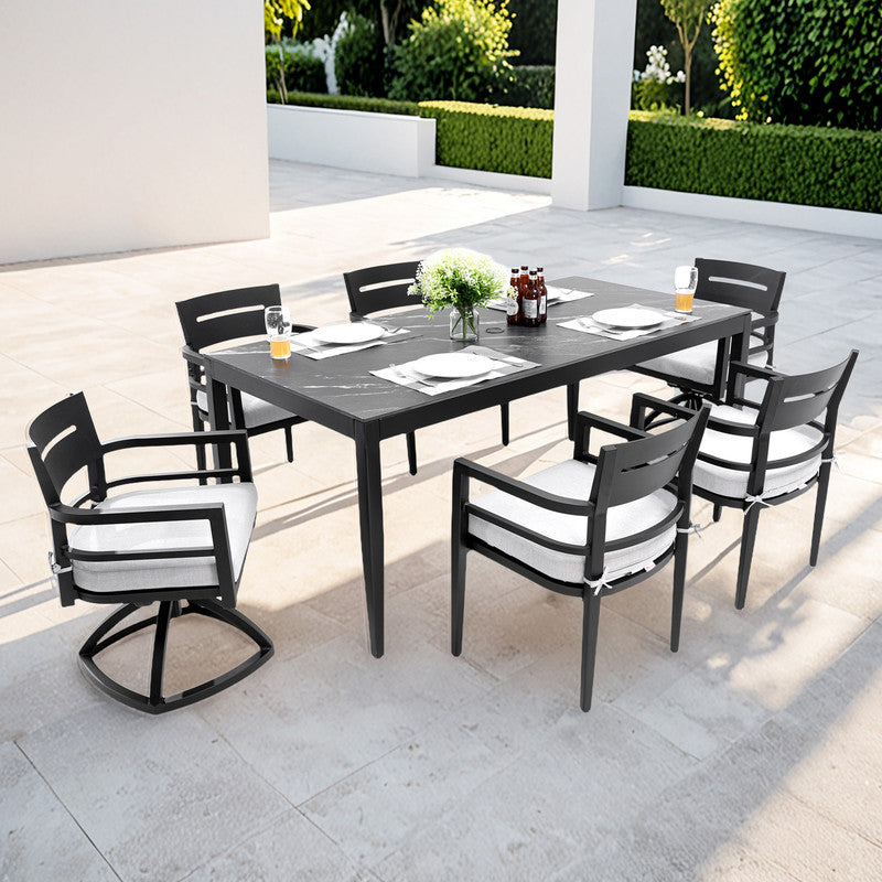 Cavallo 7-Piece Aluminum Outdoor Dining Set with Black Marble-Look Sintered Stone Tabletop and Sunbrella Cushions