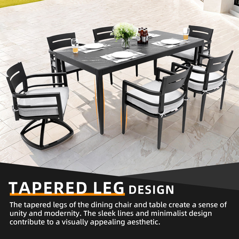 Cavallo 7-Piece Aluminum Outdoor Dining Set with Black Marble-Look Sintered Stone Tabletop and Sunbrella Cushions