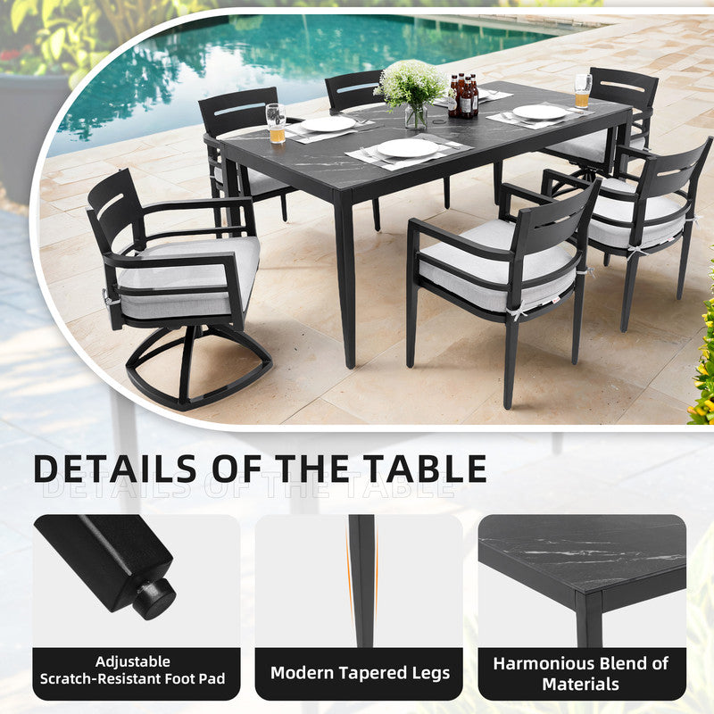 Cavallo 7-Piece Aluminum Outdoor Dining Set with Black Marble-Look Sintered Stone Tabletop and Sunbrella Cushions