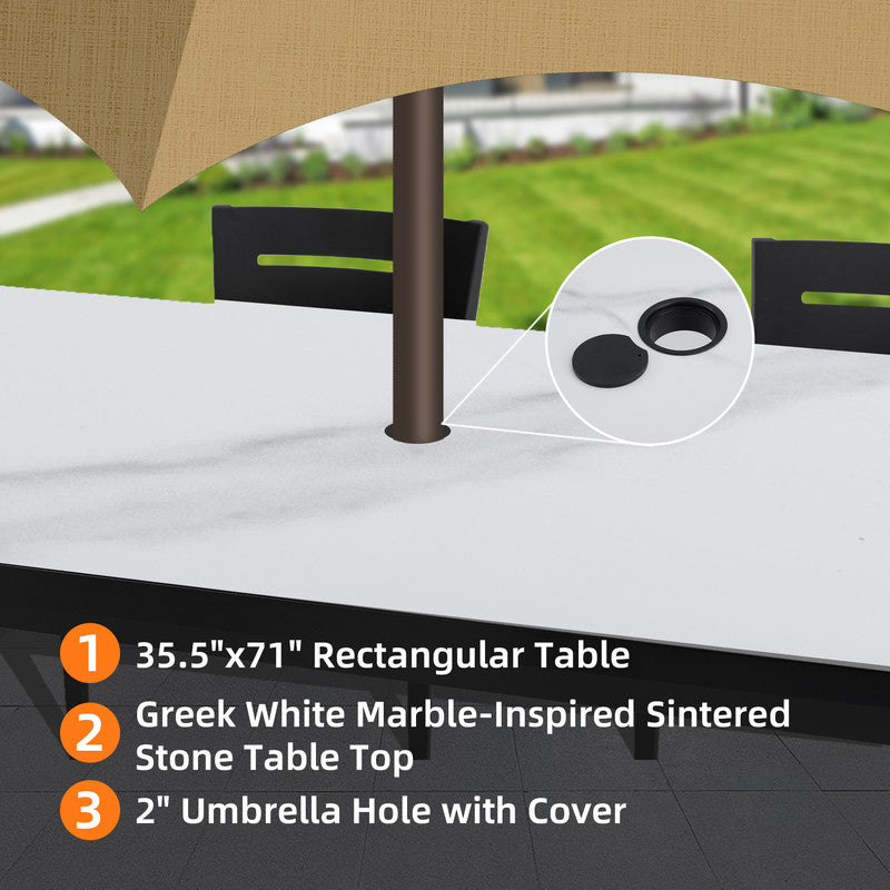 Cavallo 7-Piece Aluminum Outdoor Dining Set with White Marble-Look Sintered Stone Tabletop and Sunbrella Cushions