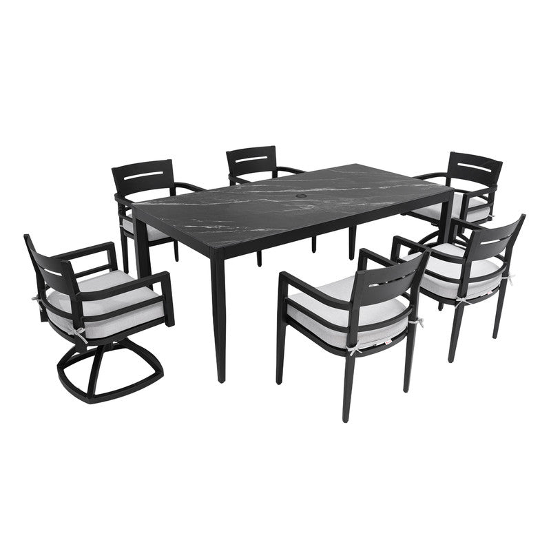 Cavallo 7-Piece Aluminum Outdoor Dining Set with Black Marble-Look Sintered Stone Tabletop and Sunbrella Cushions