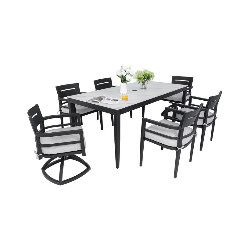 Cavallo 7-Piece Aluminum Outdoor Dining Set with White Marble-Look Sintered Stone Tabletop and Sunbrella Cushions