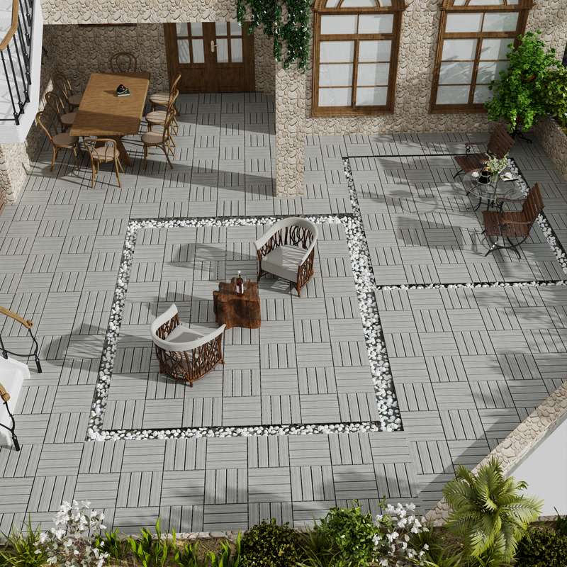 Wood-Plastic Composite Patio Deck Tiles, 12 in. x 12 in. Interlocking Deck Tiles in Light Grey