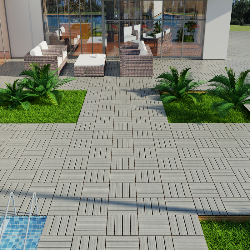 Wood-Plastic Composite Patio Deck Tiles, 12 in. x 12 in. Interlocking Deck Tiles in Light Grey