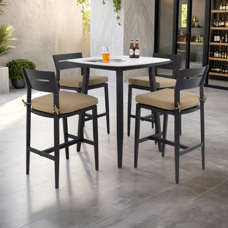 Barvallo 5-Piece Aluminum Rounded-Square 41.7 in. Outdoor Bistro Set with Sunbrella Silver Cushion and Umbrella Hole