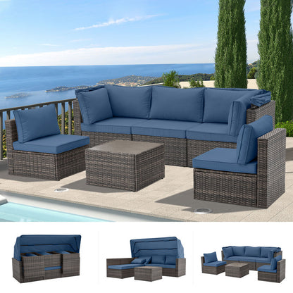 6 Pieces Patio Furniture Sets w/Adjustable Canopy and Backrest, All Weather Wicker Outdoor Patio Conversation Sets, Comfy Outdoor Couch Patio Sectional for Summer Outside, Backyard