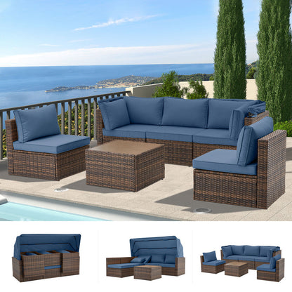 6 Pieces Patio Furniture Sets w/Adjustable Canopy and Backrest, All Weather Wicker Outdoor Patio Conversation Sets, Comfy Outdoor Couch Patio Sectional for Summer Outside, Backyard