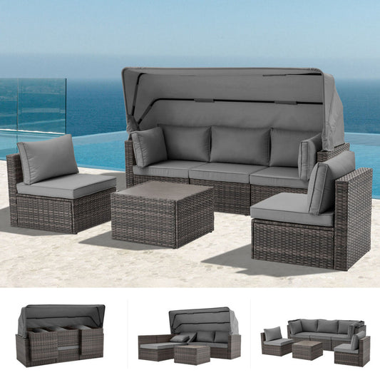 6 Pieces Patio Furniture Sets w/Adjustable Canopy and Backrest, All Weather Wicker Outdoor Patio Conversation Sets, Comfy Outdoor Couch Patio Sectional for Summer Outside, Backyard