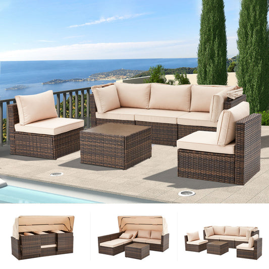 6 Pieces Patio Furniture Sets w/Adjustable Canopy and Backrest, All Weather Wicker Outdoor Patio Conversation Sets, Comfy Outdoor Couch Patio Sectional for Summer Outside, Backyard
