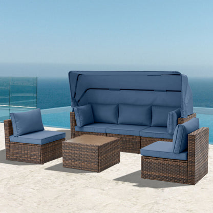 6 Pieces Patio Furniture Sets w/Adjustable Canopy and Backrest, All Weather Wicker Outdoor Patio Conversation Sets, Comfy Outdoor Couch Patio Sectional for Summer Outside, Backyard
