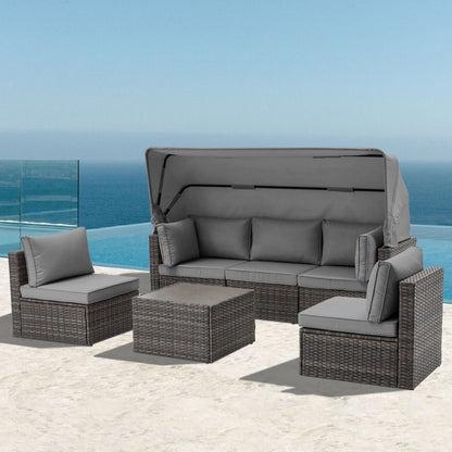 6 Pieces Patio Furniture Sets w/Adjustable Canopy and Backrest, All Weather Wicker Outdoor Patio Conversation Sets, Comfy Outdoor Couch Patio Sectional for Summer Outside, Backyard