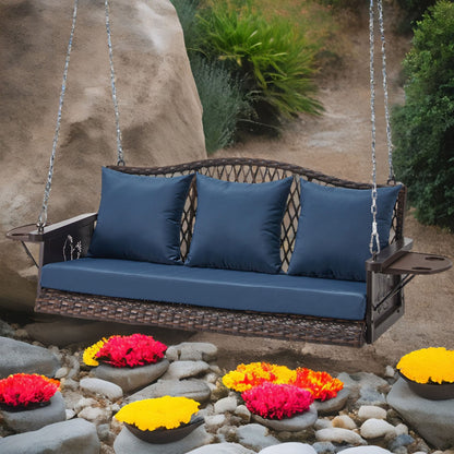 Upgraded Wicker Hanging Porch Swing Heavy Duty 900 LBS 3-Seat Outdoor Patio Swing Chair Bench for Adult w/ 8.9ft Hanging Chains Cushions and Cup Holder