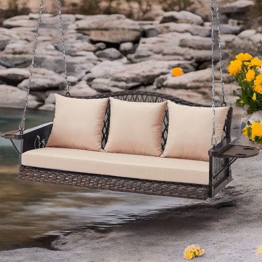Upgraded Wicker Hanging Porch Swing Heavy Duty 900 LBS 3-Seat Outdoor Patio Swing Chair Bench for Adult w/ 8.9ft Hanging Chains Cushions and Cup Holder