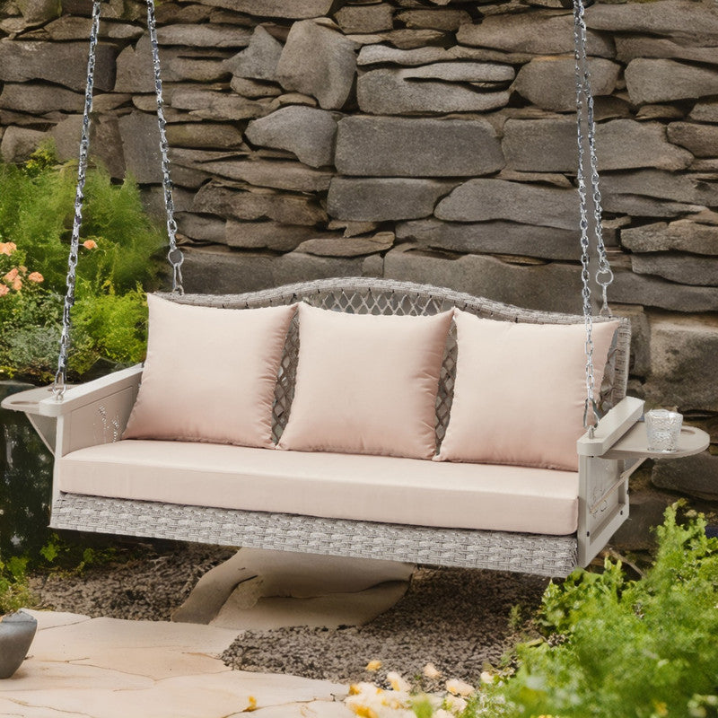 Upgraded Wicker Hanging Porch Swing Heavy Duty 900 LBS 3-Seat Outdoor Patio Swing Chair Bench for Adult w/ 8.9ft Hanging Chains Cushions and Cup Holder