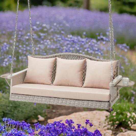 Upgraded Wicker Hanging Porch Swing Heavy Duty 900 LBS 3-Seat Outdoor Patio Swing Chair Bench for Adult w/ 8.9ft Hanging Chains Cushions and Cup Holder