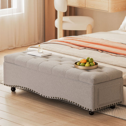 48.5" Storage Bench, Tufted Upholstered End-of-Bed Ottoman with Safety Hinge, Nailhead Trim & Side Pockets for Bedroom, Entryway & Living Room