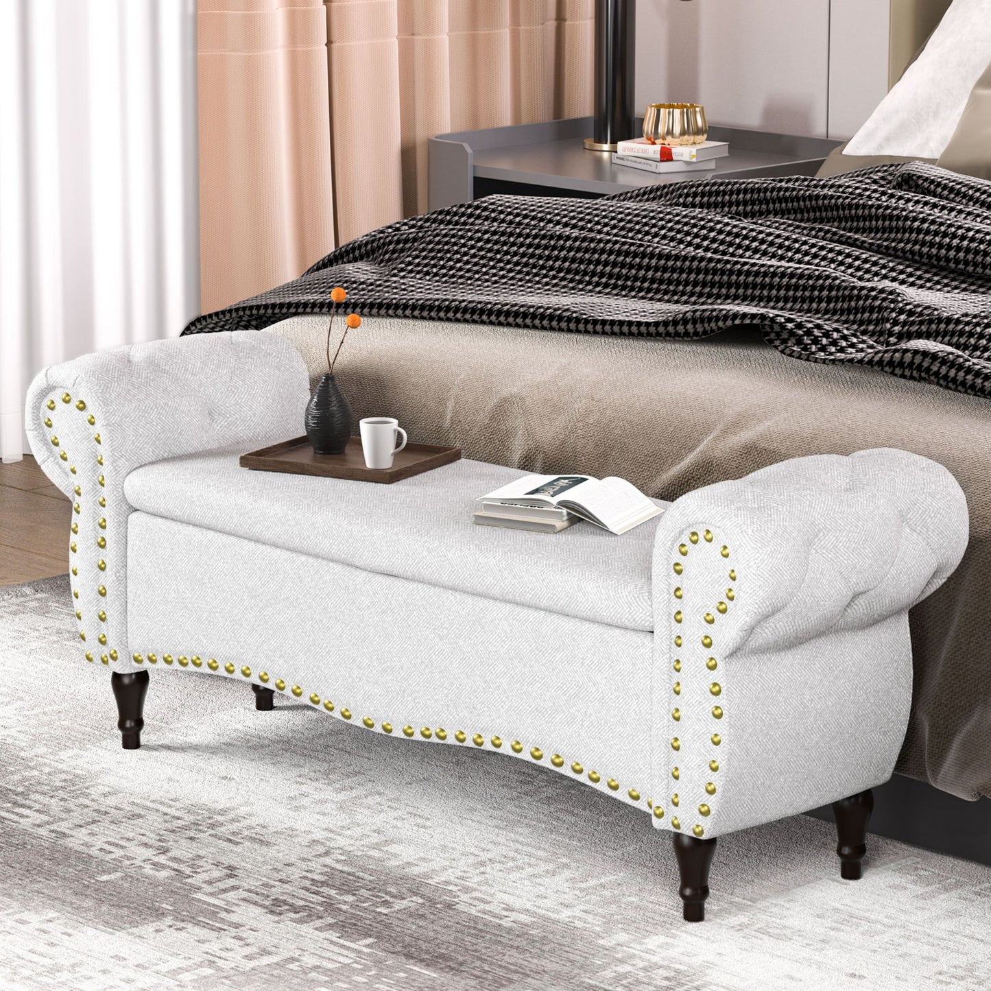 53" Tufted Storage Ottoman Bench, Upholstered End-of-Bed Bench with Rolled Arms, Nailhead Trim & Safety Hinge for Bedroom, Living Room & Entryway