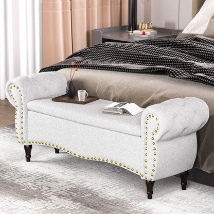 53" Tufted Storage Ottoman Bench, Upholstered End-of-Bed Bench with Rolled Arms, Nailhead Trim & Safety Hinge for Bedroom, Living Room & Entryway