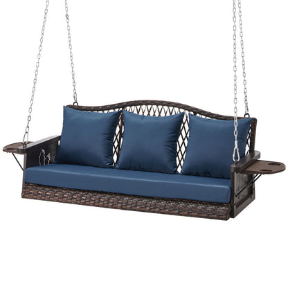 Upgraded Wicker Hanging Porch Swing Heavy Duty 900 LBS 3-Seat Outdoor Patio Swing Chair Bench for Adult w/ 8.9ft Hanging Chains Cushions and Cup Holder