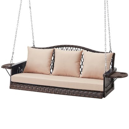Upgraded Wicker Hanging Porch Swing Heavy Duty 900 LBS 3-Seat Outdoor Patio Swing Chair Bench for Adult w/ 8.9ft Hanging Chains Cushions and Cup Holder